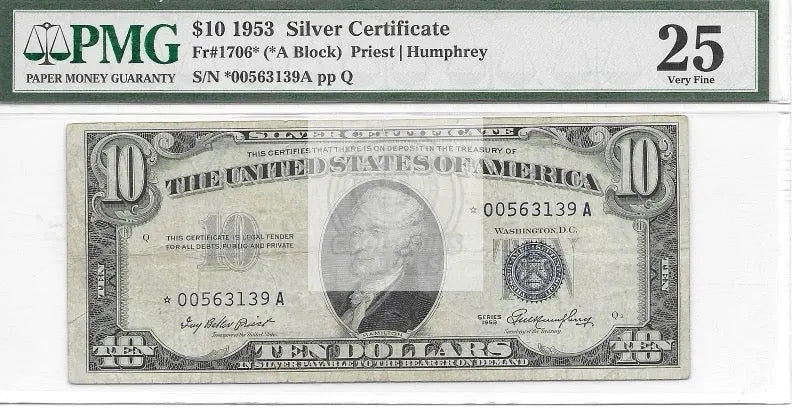 1953 Silver Certificate $10 note graded PMG VF vintage U.S. currency collectible
