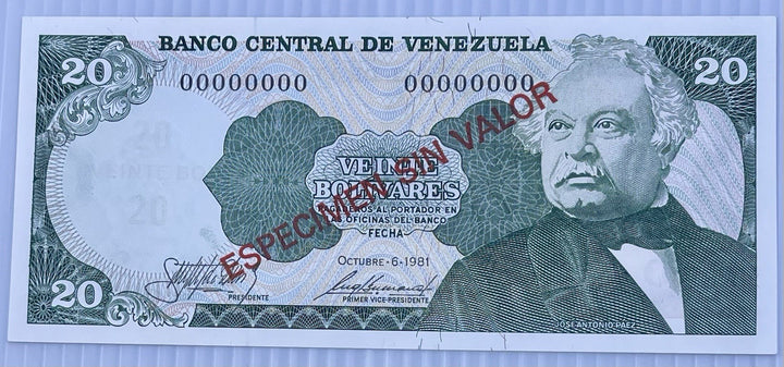 Venezuela UNC Note 20 Bolivares Bs 1981 Specimen P-63s1 Banknote