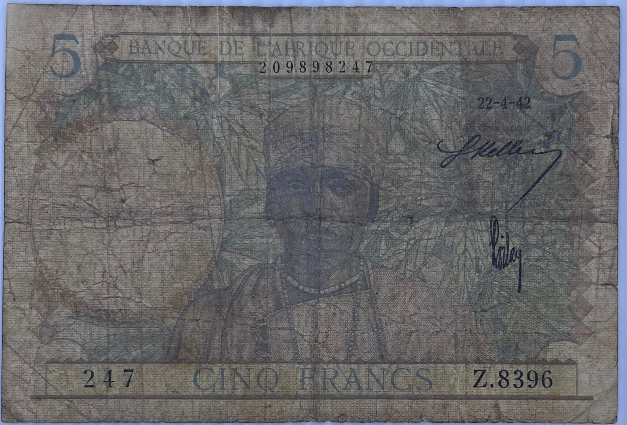 1942 French West Africa 5 Francs WW2 P-25 Circulated World Banknote From Lot
