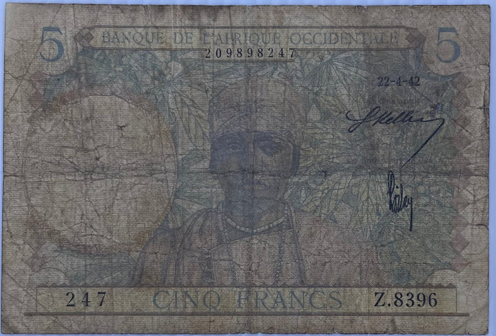 1942 French West Africa 5 Francs WW2 P-25 Circulated World Banknote From Lot