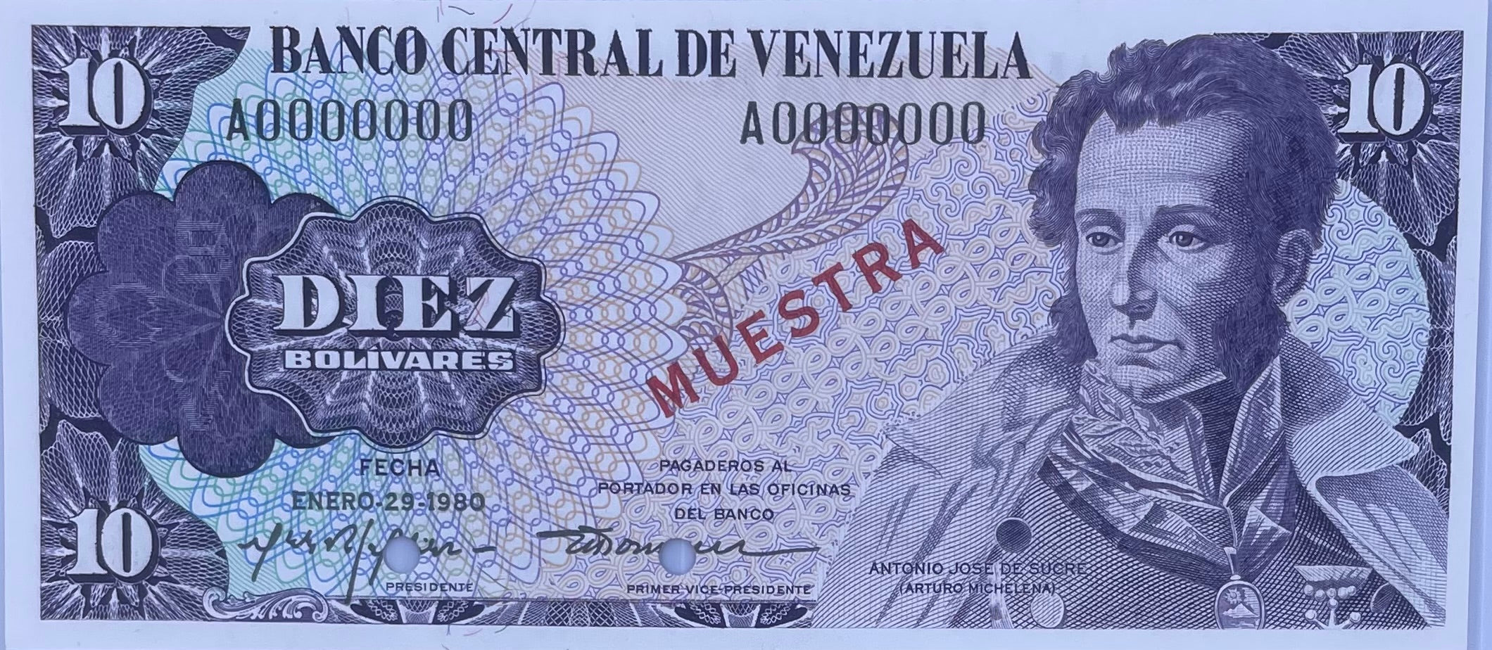 Venezuela 10 Bolívares 1980 specimen banknote featuring Simón Bolívar and National Pantheon designs