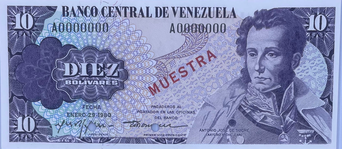 Venezuela 10 Bolívares 1980 specimen banknote featuring Simón Bolívar and National Pantheon designs
