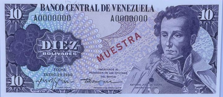 Venezuela 10 Bolívares 1980 specimen banknote featuring Simón Bolívar and National Pantheon designs