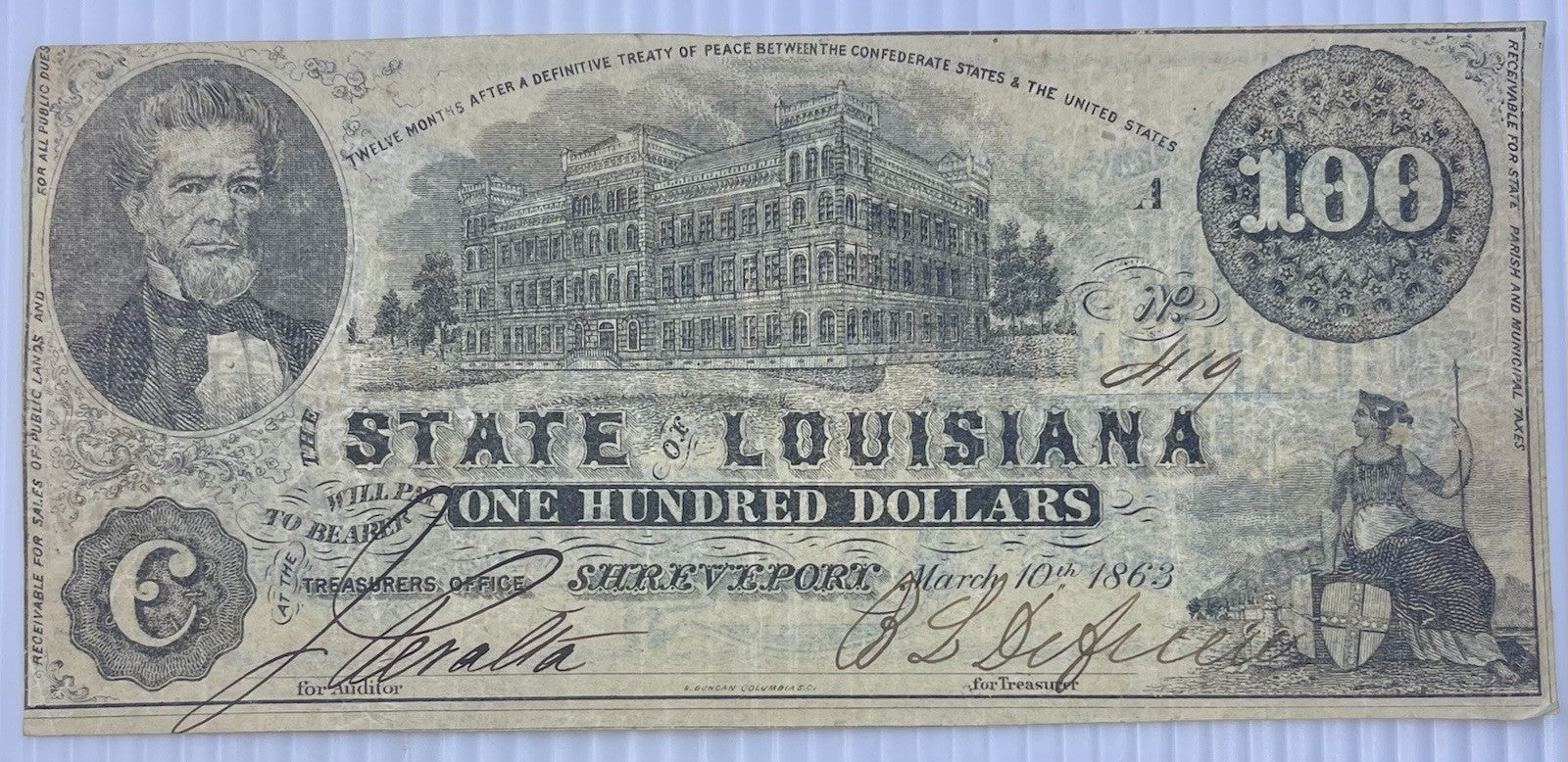 1863 State of Louisiana Shreveport, LA $100 Obsolete Note1863 State of Louisiana
