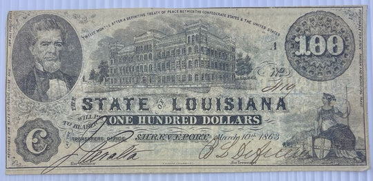 1863 State of Louisiana Shreveport, LA $100 Obsolete Note1863 State of Louisiana
