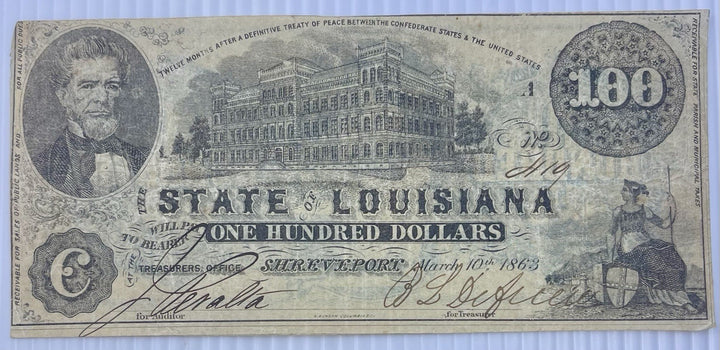 1863 State of Louisiana Shreveport, LA $100 Obsolete Note1863 State of Louisiana