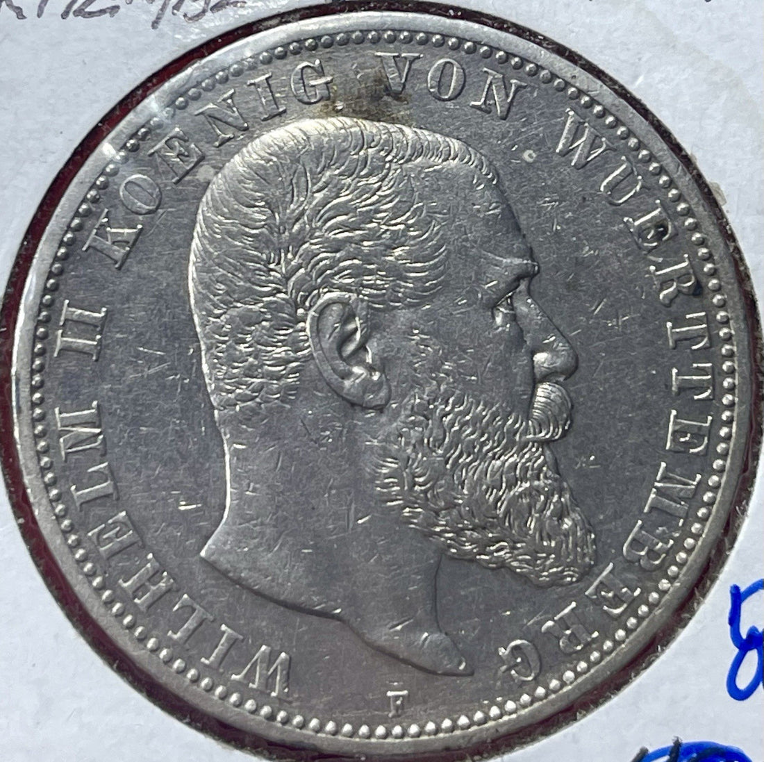 1904 F Wurttemberg German States Silver 5 Mark coin .900