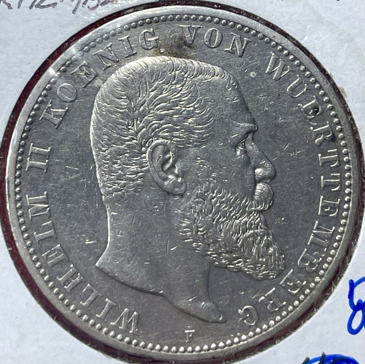 1904 F Wurttemberg German States Silver 5 Mark coin .900