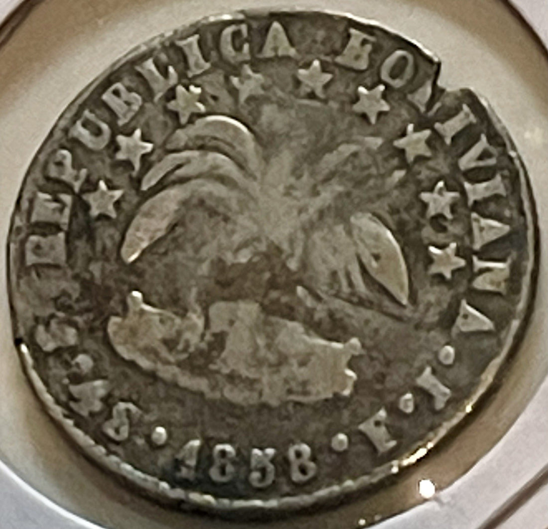 Rare Colonial Silver 1858 VF Bolivia 4 Soles Pax Alpaca Palm Tree Silver Coin