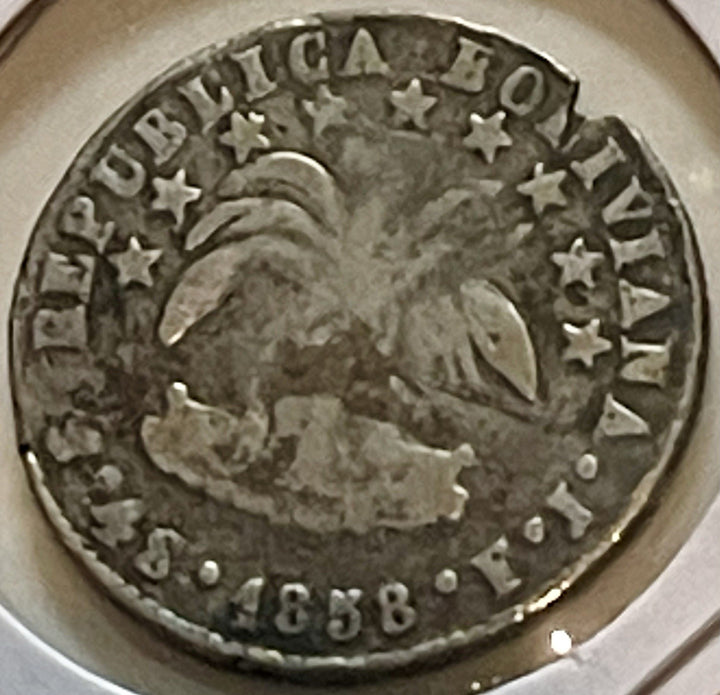 Rare Colonial Silver 1858 VF Bolivia 4 Soles Pax Alpaca Palm Tree Silver Coin