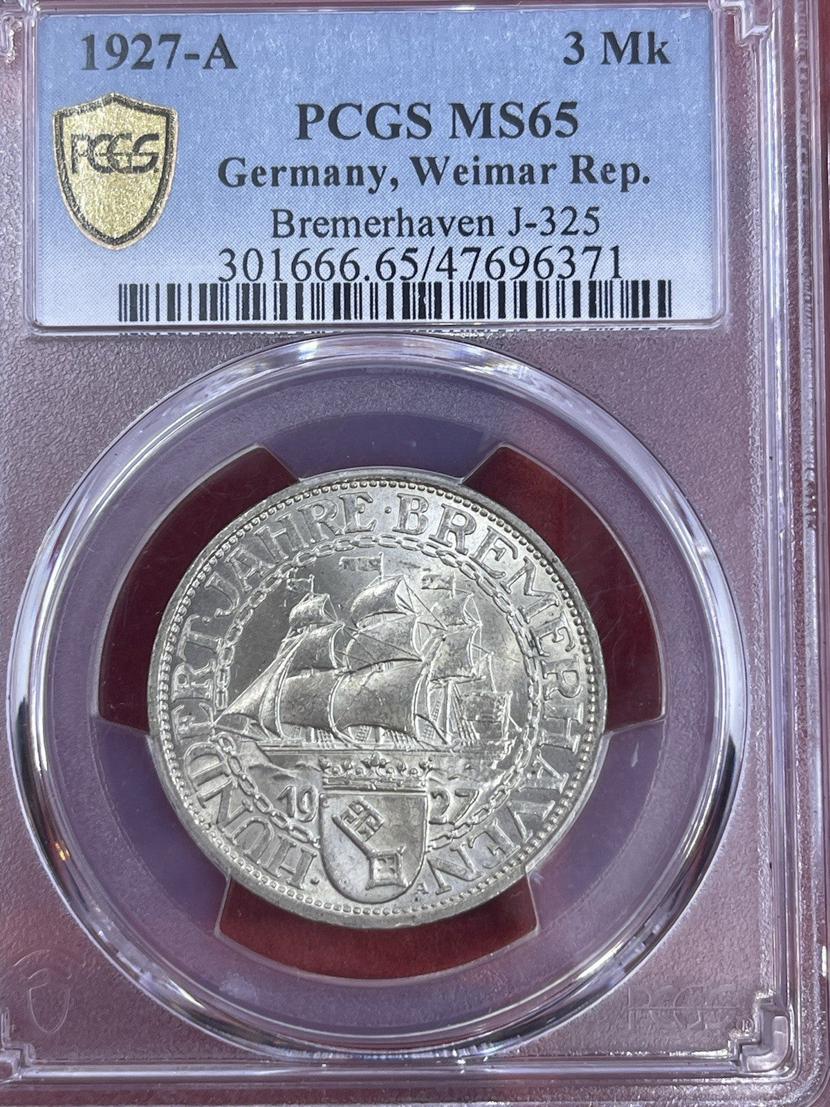 1927-A Weimar Bremerhaven 3 Mark PCGS MS64