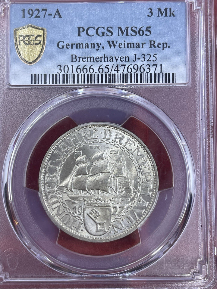 1927-A Weimar Bremerhaven 3 Mark PCGS MS64
