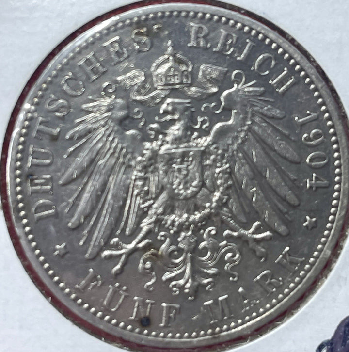 1904 F Wurttemberg German States Silver 5 Mark coin .900