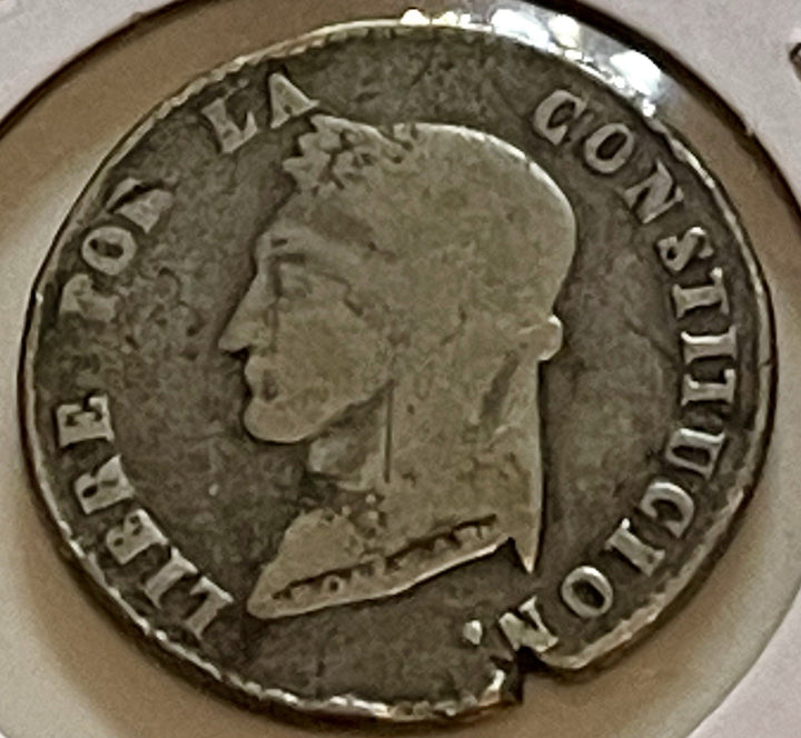 Rare Colonial Silver 1858 VF Bolivia 4 Soles Pax Alpaca Palm Tree Silver Coin