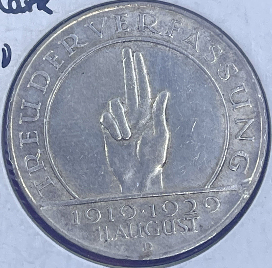 Weimar Republic, 3 Reichsmark, 1929 d constitution, swearing hand Hindenburg, D