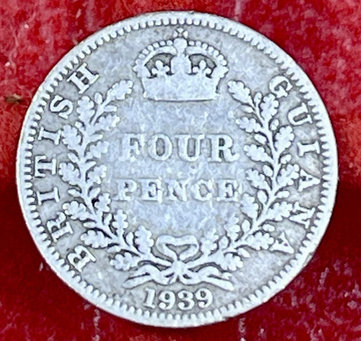1943 BRITISH GUIANA SILVER 4 PENCE COIN~ GEORGE VI~KM#30~MINTAGE=240,0001943