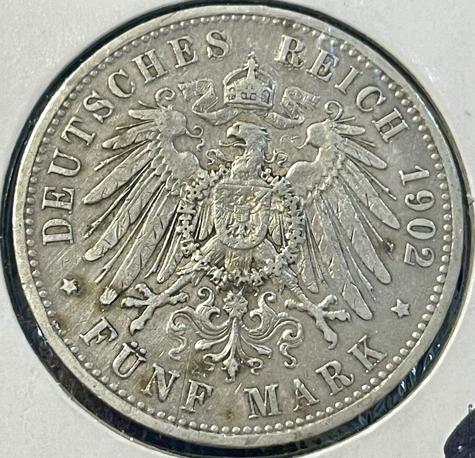 1902 A Germany Prussia 5 Mark Funf Reich Wilhelm II Empire Silver Coin