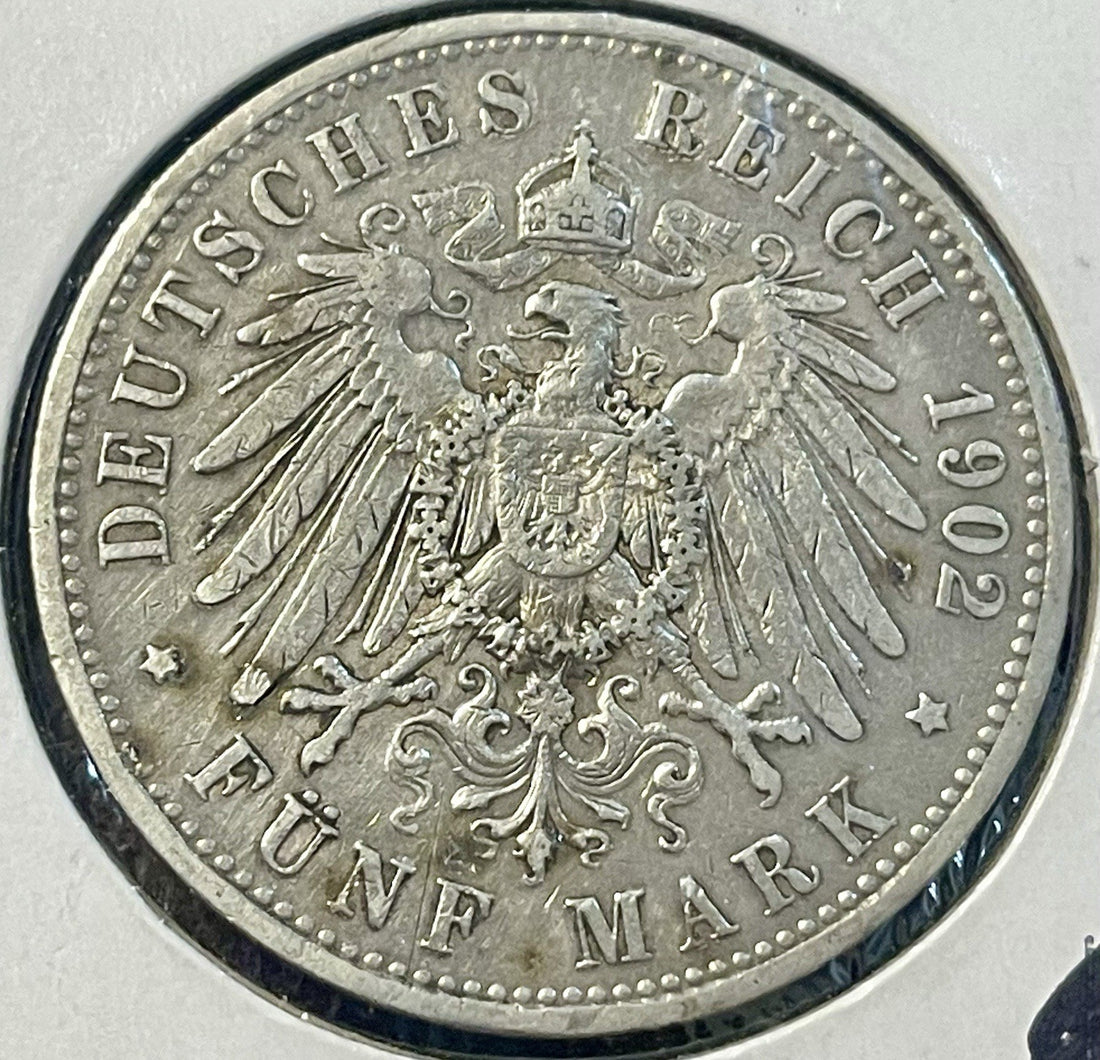 1902 A Germany Prussia 5 Mark Funf Reich Wilhelm II Empire Silver Coin