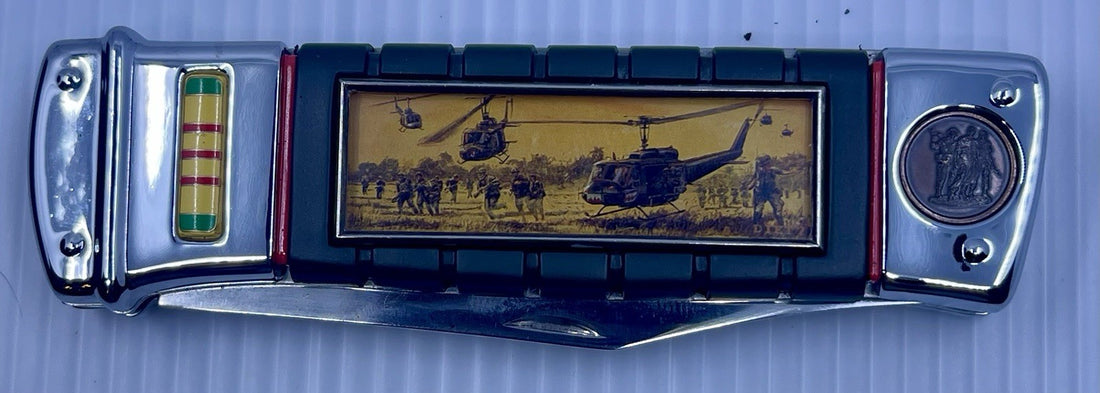 UH-1B Huey Vietnam War Commemorative Folding Knife Medal Handle w/ Pouch