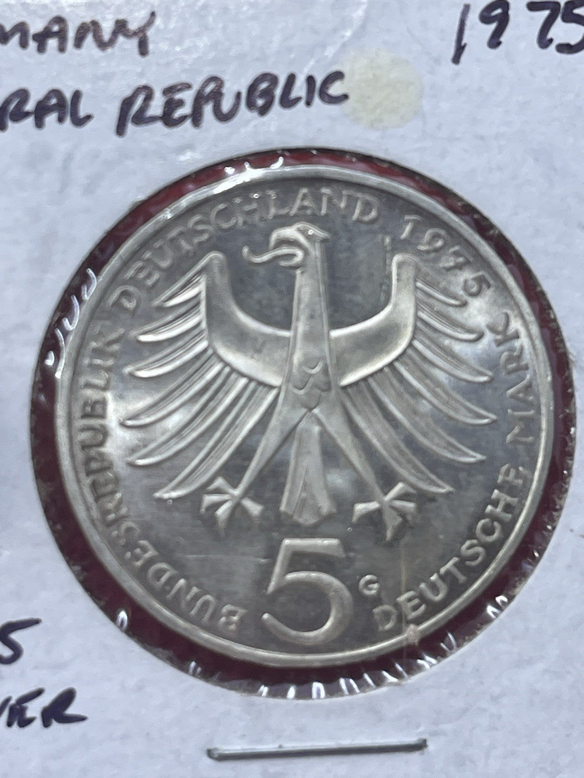 1975 G Germany 5 Five Mark Coin UNC SILVER .625  Albert Schweitzer Commemorative