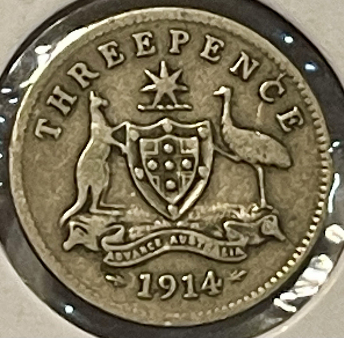 1914 three 3 pence George V Head Australian Silver Coin - nice condition
