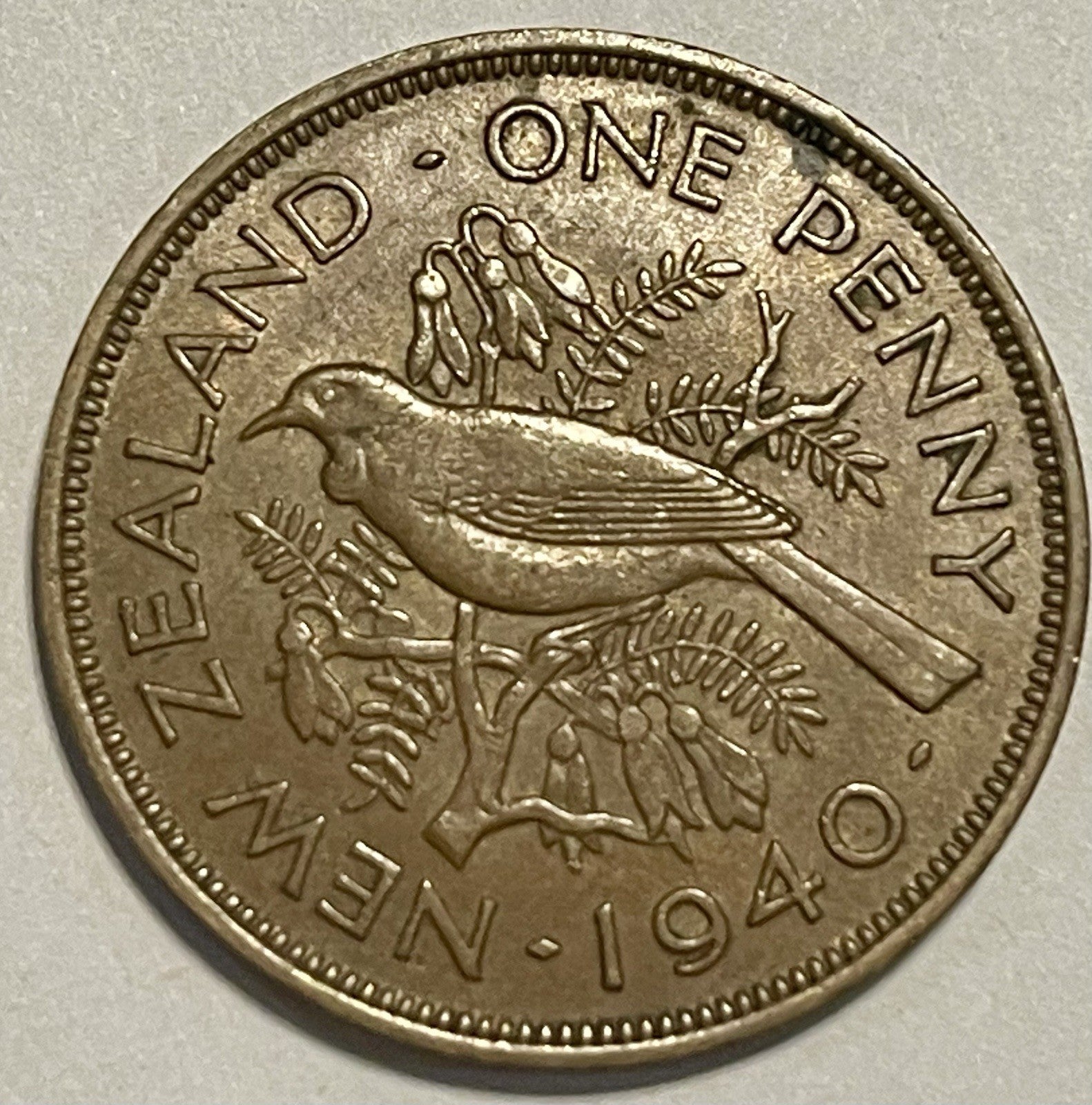 1940 New Zealand One Penny George VI Bronze Tui Bird Coin KM#13
