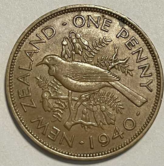 1940 New Zealand One Penny George VI Bronze Tui Bird Coin KM#13