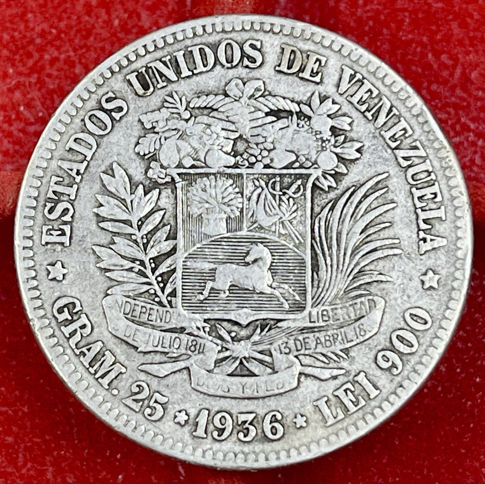 1936 Venezuela 5 Bolívares Silver Coin (13 DE ABRIL) – 25g .900 Coin1936