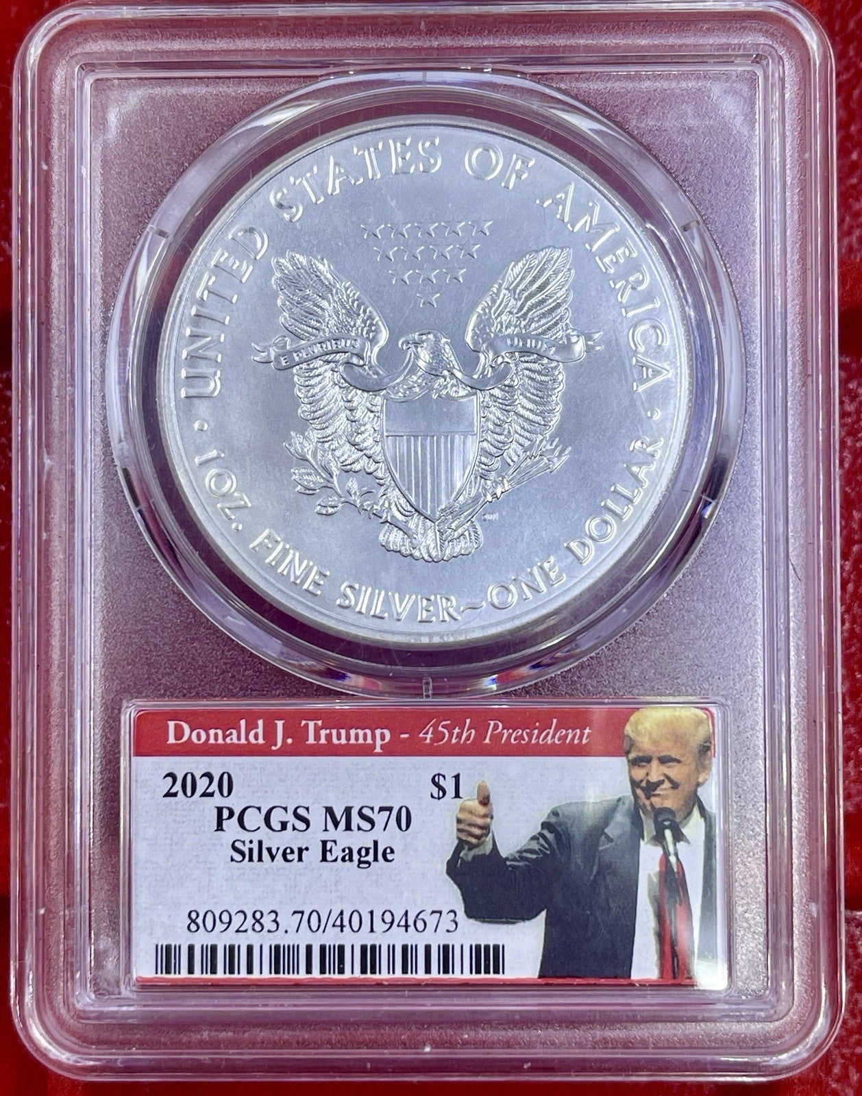 2020 Silver Eagles PCGS MS-70 Silver Eagle Donald Trump Label