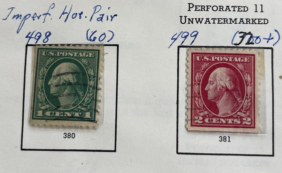 Set of four US Scott # 498 and 499 stamps from 1917 featuring George Washington, 1 and 2 cents, used and machine canceled