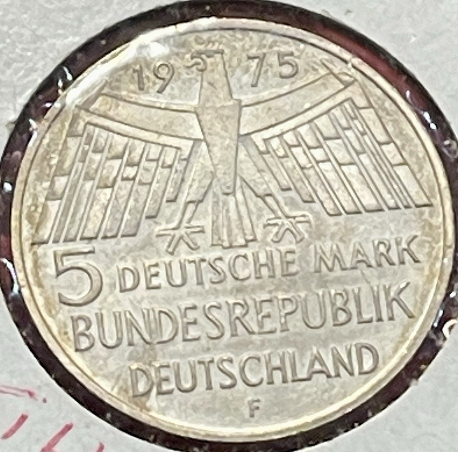 1975-F Germany 5 Mark 0.6250 Silver ASW 0.2251 Oz Monument Commemorative