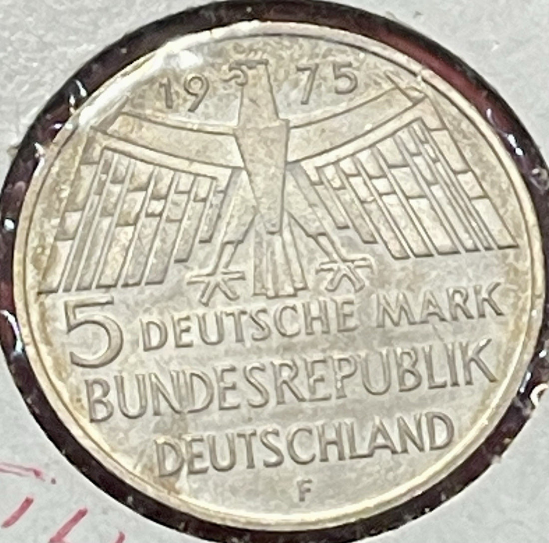 1975-F Germany 5 Mark 0.6250 Silver ASW 0.2251 Oz Monument Commemorative