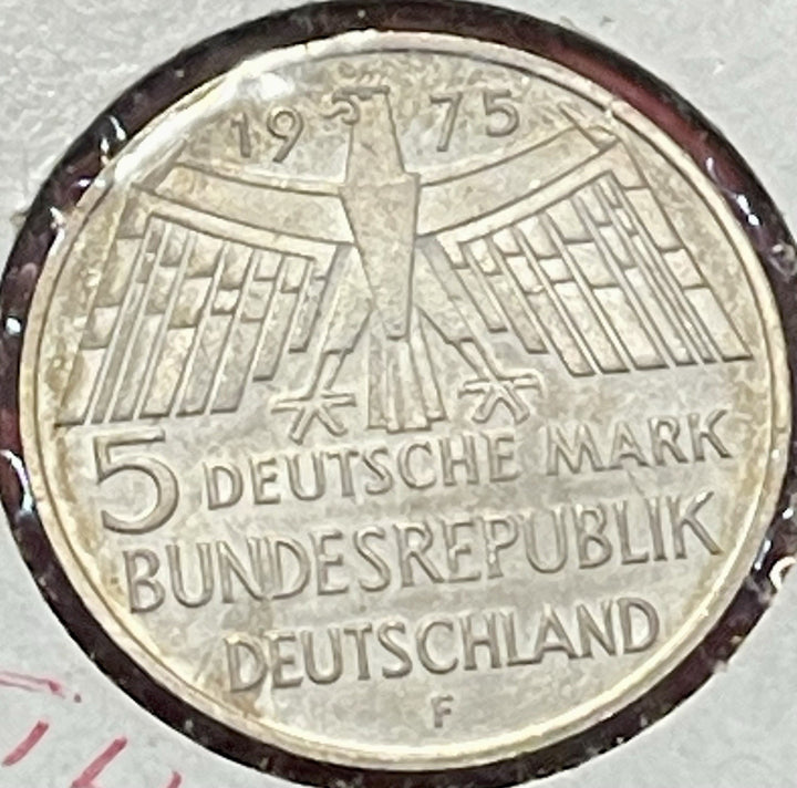 1975-F Germany 5 Mark 0.6250 Silver ASW 0.2251 Oz Monument Commemorative