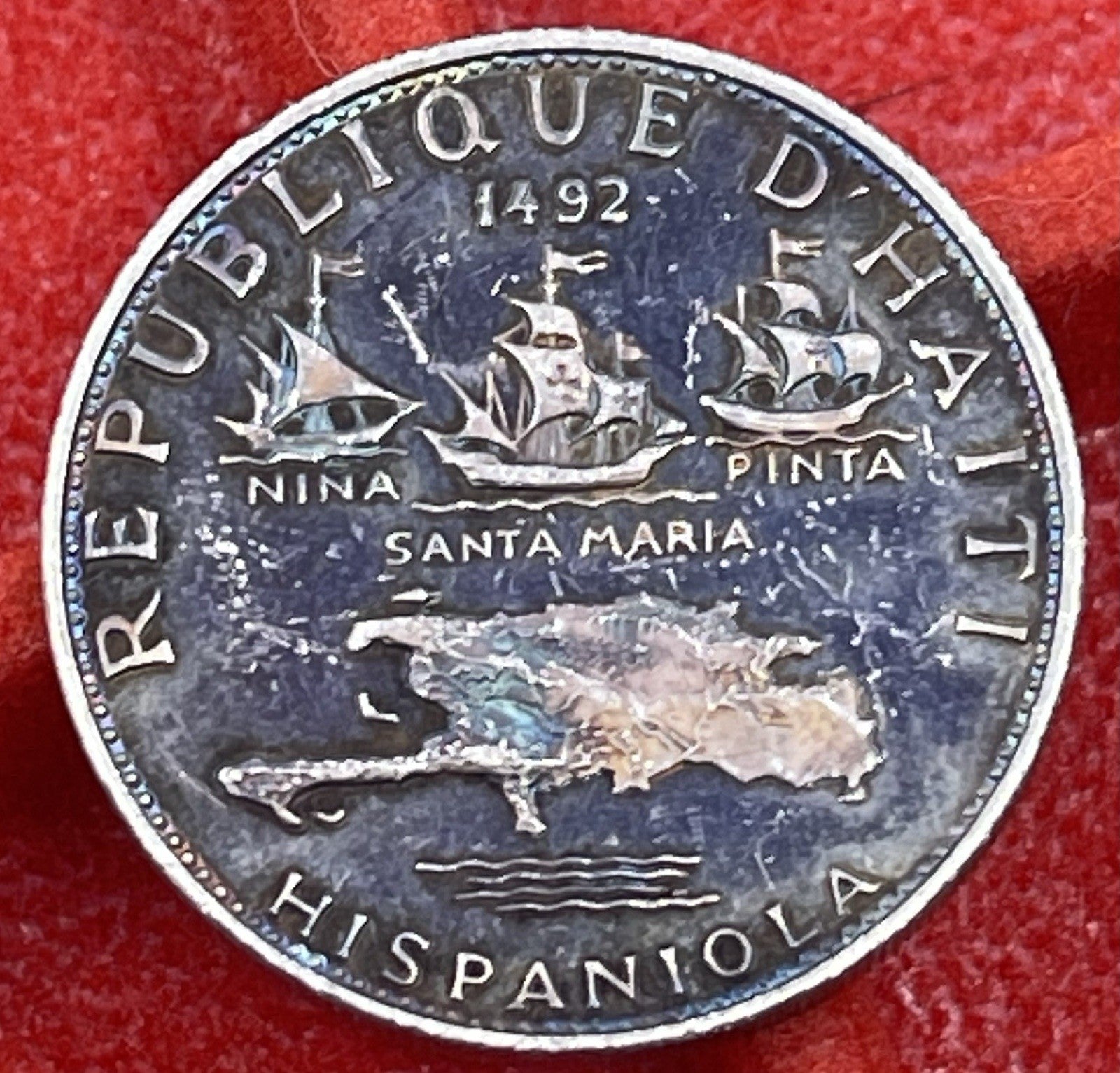 SILVER - WORLD Coin - 1968 Haiti 5 Gourdes - World Silver Coin Rainbow Toner