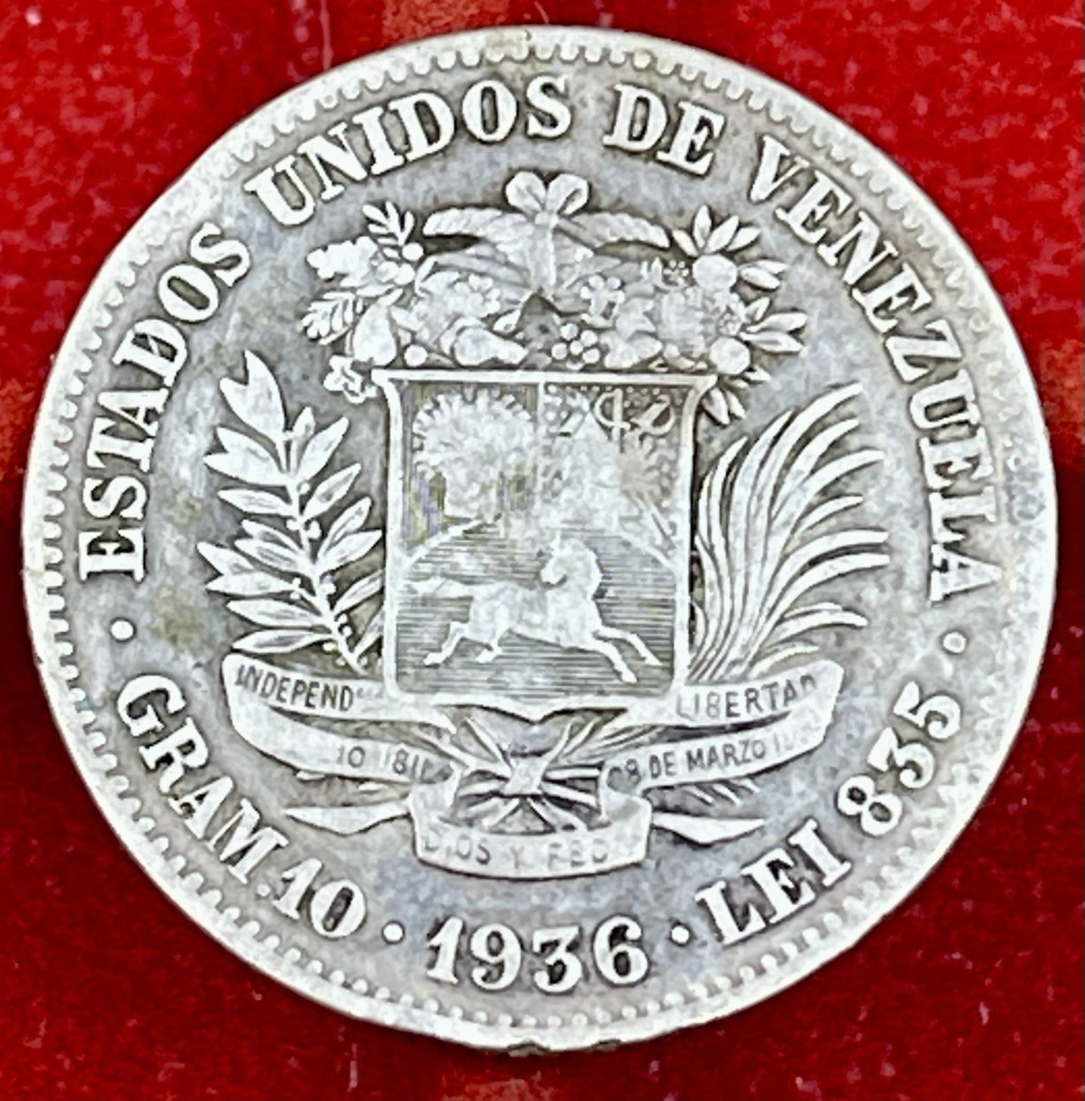 1936 VENEZUELA 2 BOLIVARES (GRAM 10) .27 OZ SILVER COLLECTABLE WORLD COIN
