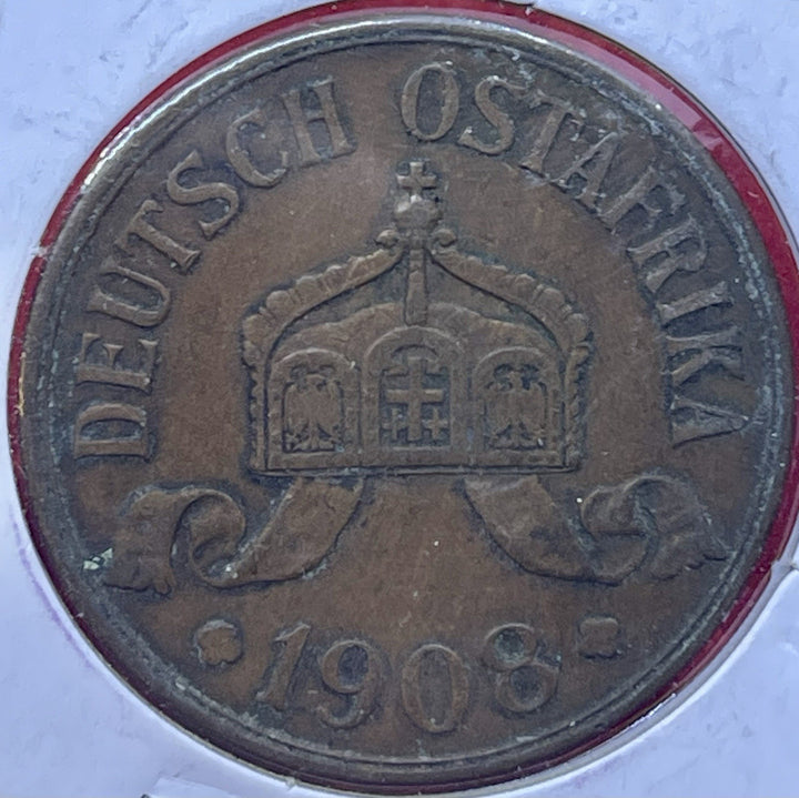 1908 J German East African Deutschmark Ostafrika 5 Heller Coin KM 11