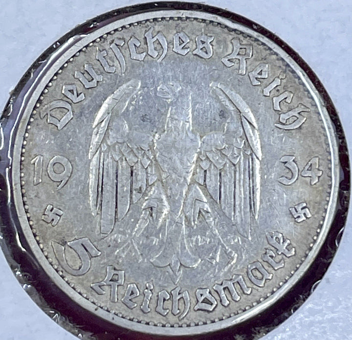 1934 D 5 Mark German WW2 90% SILVER  Garrisonkirche W/D 3rd Reich Coin