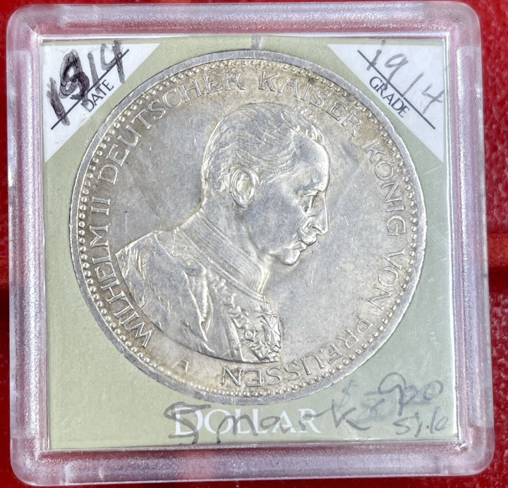 1914-A German Prussia Funf 5 Mark 0.900 Silver Coin Excellent Condition