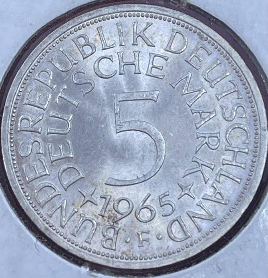 🇩🇪 West Germany 5 mark 1965 "F" 0.625 KM-112  Silver Coin UNC