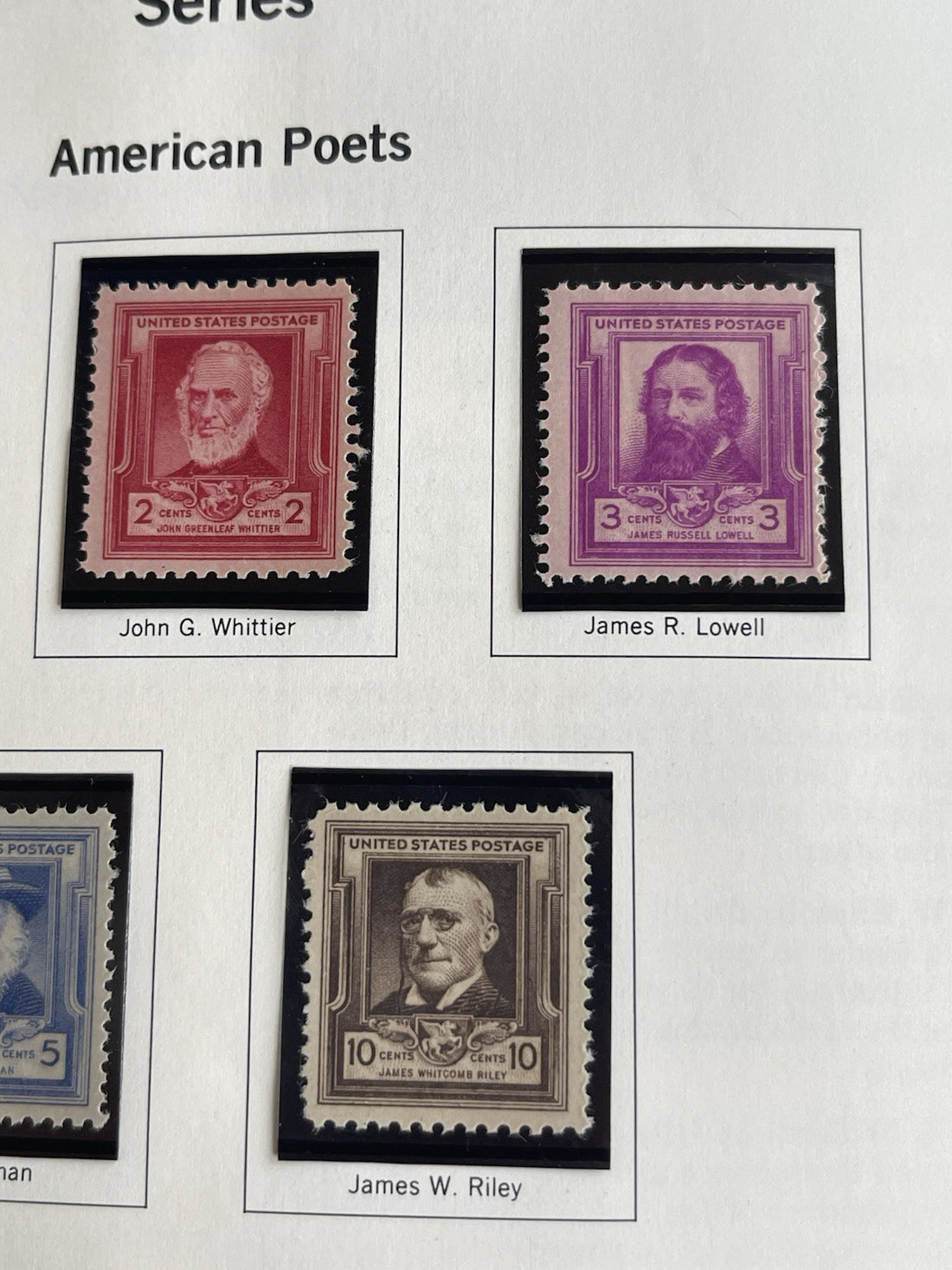 United States White Ace Album Page Famous American Series 1940 Poets Stamps