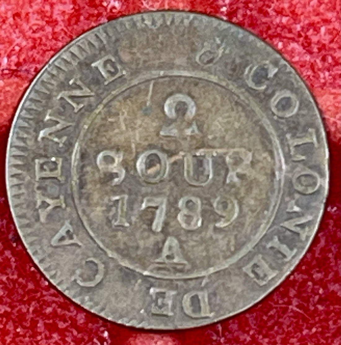 French Guiana 1789 A 2 Sous A Mint Paris Colonial Cayenne Billon CoinFrench