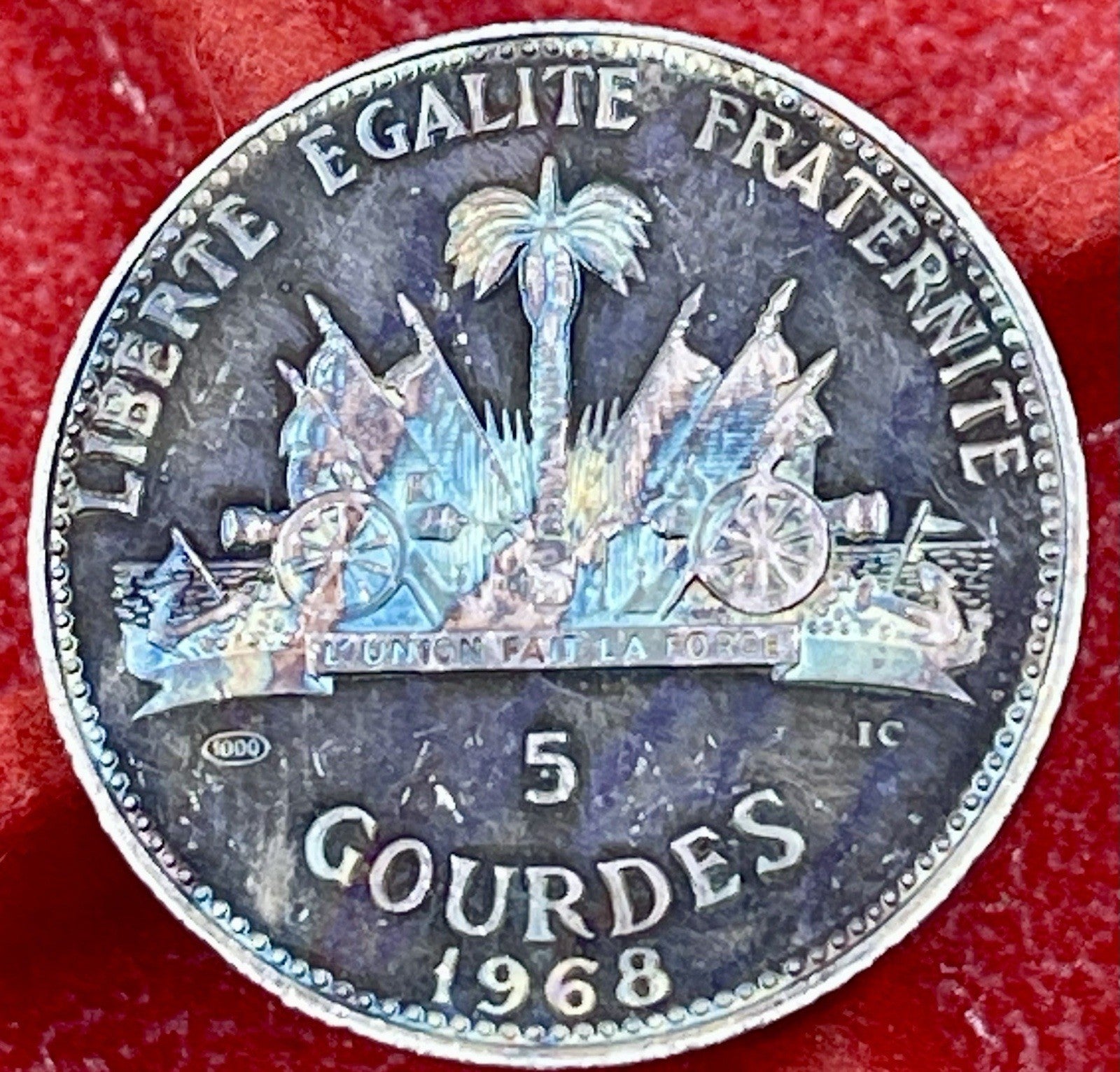 SILVER - WORLD Coin - 1968 Haiti 5 Gourdes - World Silver Coin Rainbow Toner