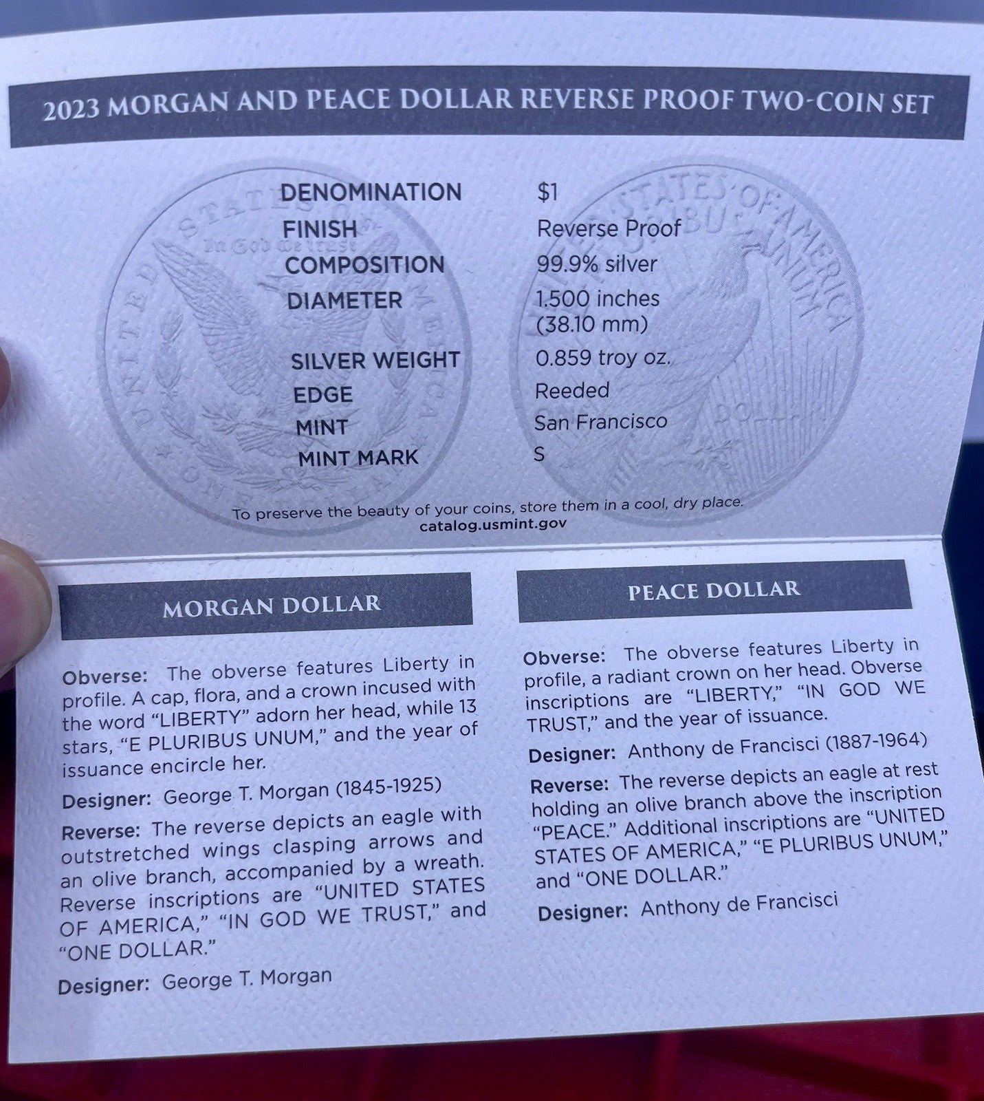 2023-S Reverse Proof $1 Morgan and Peace Silver Dollar 2pc Set Box ,OGP