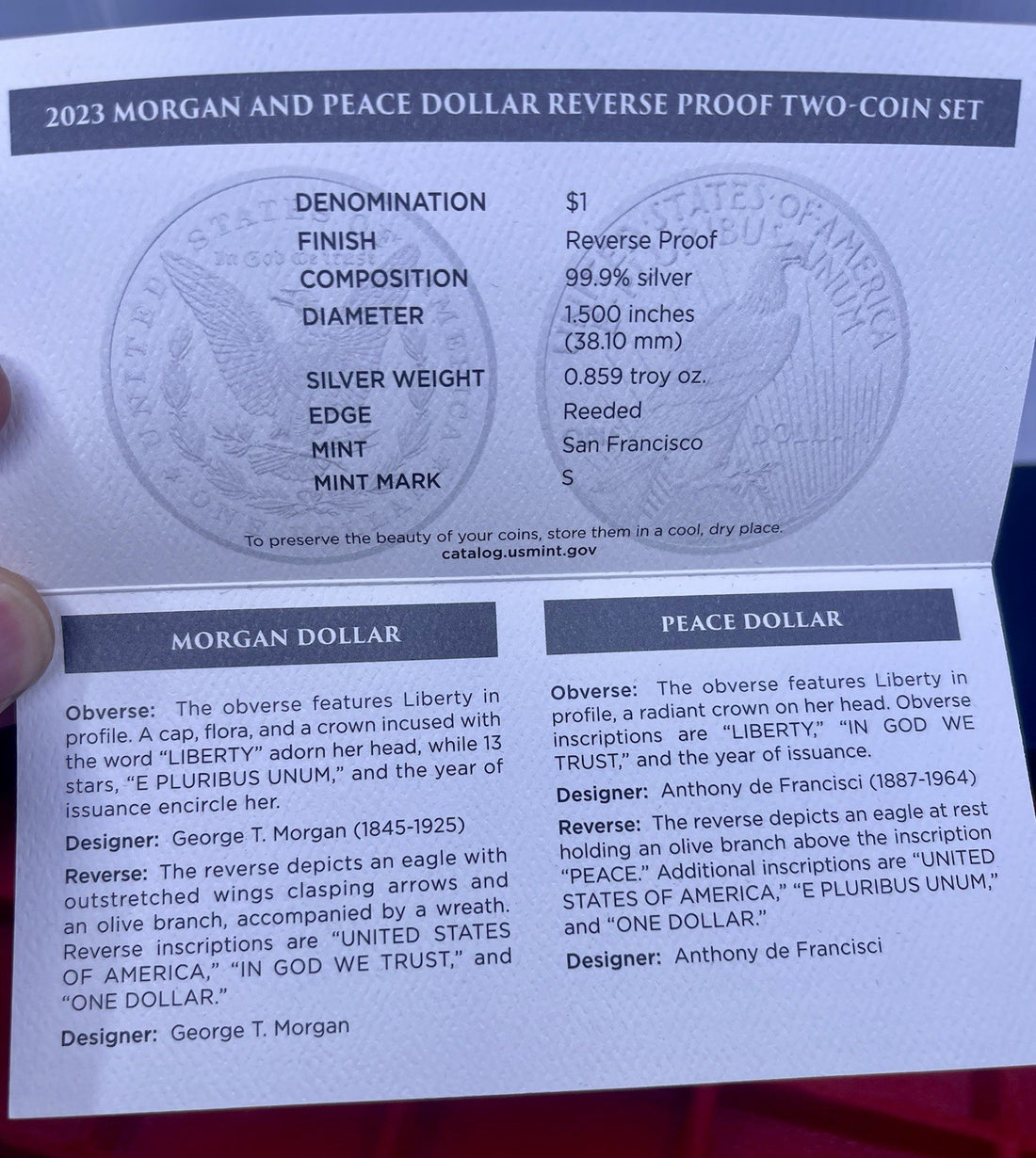 2023-S Reverse Proof $1 Morgan and Peace Silver Dollar 2pc Set Box ,OGP
