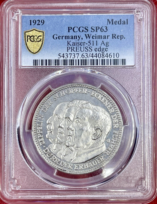 Germany Weimar 1929 Medal PCGS SP63 Silver Eckener Graf Zeppelin World Trip RARE