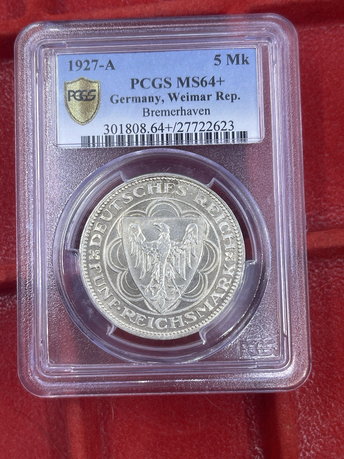 Coin Silver 5 Reichsmark 1927 A Bremerhaven PCGS MS64+ Silver Coin