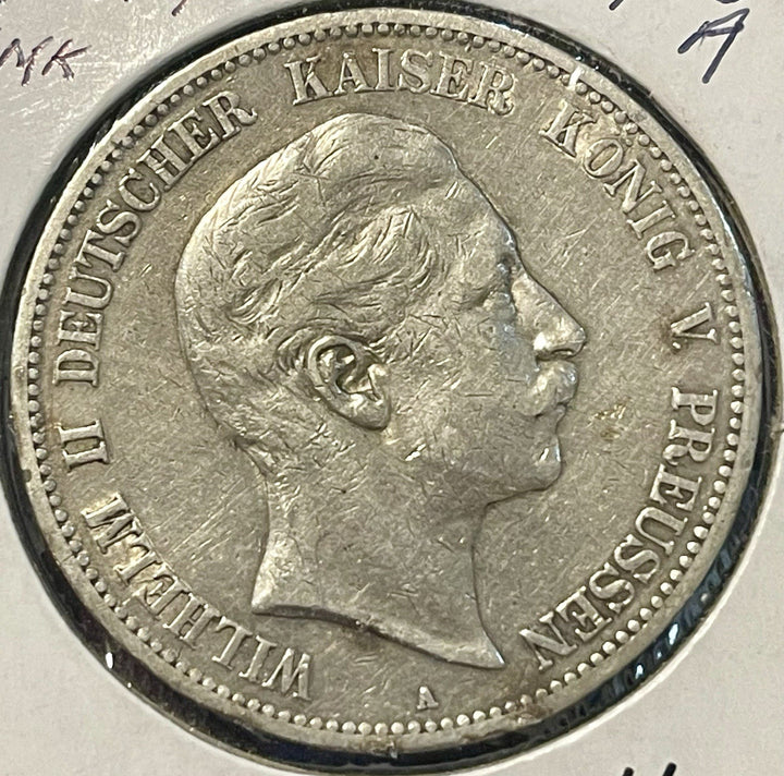1902 A Germany Prussia 5 Mark Funf Reich Wilhelm II Empire Silver Coin