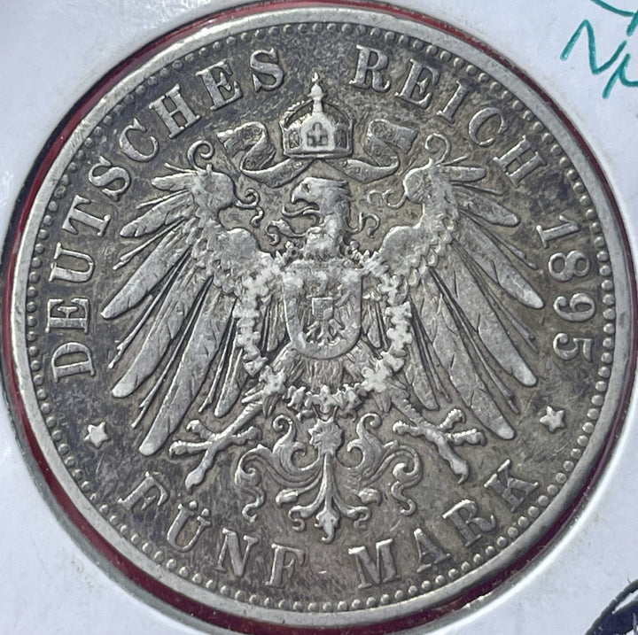 1895 F SILVER KINGDOM OF WURTTEMBERG GERMAN STATES 5 MARK