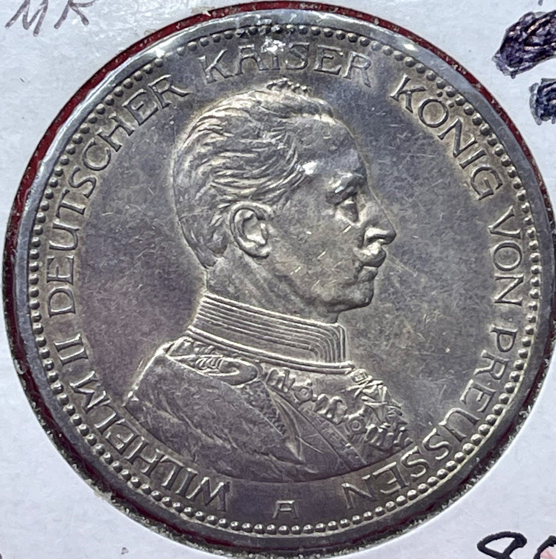 1913-A German Prussia Funf 5 Mark 0.900 Silver Coin Unc