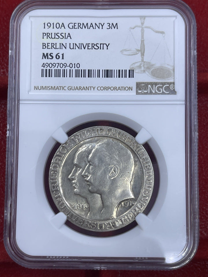 1912 GERMANY SILVER 3 MARK PRUSSIA WILHELM II NGC MS 61 NICE LUSTER